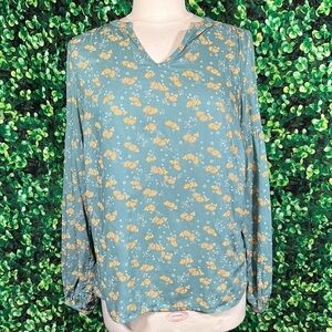 Caslon Split Neck Top in Green Yellow Mia Floral size small 100% Modal